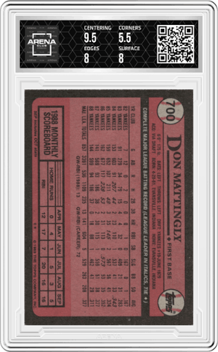 Don Mattingly from the 1989 Topps set graded by Arena Club and given an overall grade of 6.