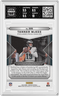 Tanner McKee from the 2023 Panini Obsidian set featuring a Electric Etch Orange  parallel graded by Arena Club and given an overall grade of 9.