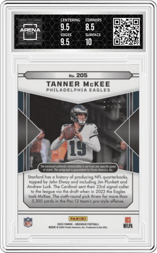 Tanner McKee from the 2023 Panini Obsidian set featuring a Electric Etch Orange  parallel graded by Arena Club and given an overall grade of 9.