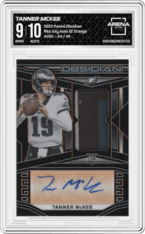 Tanner McKee from the 2023 Panini Obsidian set featuring a Electric Etch Orange  parallel graded by Arena Club and given an overall grade of 9.