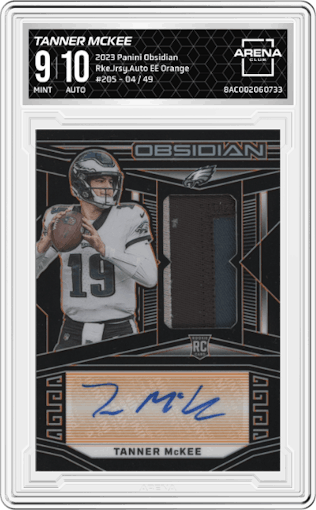 Tanner McKee from the 2023 Panini Obsidian set featuring a Electric Etch Orange  parallel graded by Arena Club and given an overall grade of 9.
