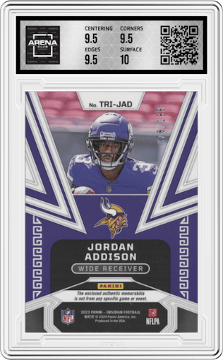 Jordan Addison from the 2023 Panini Obsidian set graded by Arena Club and given an overall grade of 10.