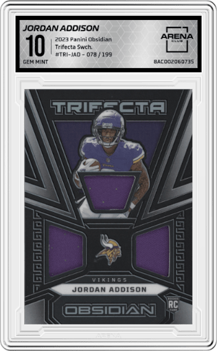 Jordan Addison from the 2023 Panini Obsidian set graded by Arena Club and given an overall grade of 10.