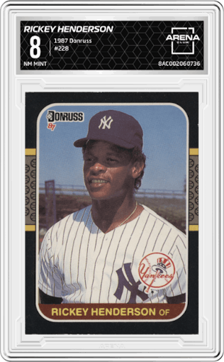 Rickey Henderson from the 1987 Donruss set graded by Arena Club and given an overall grade of 8.