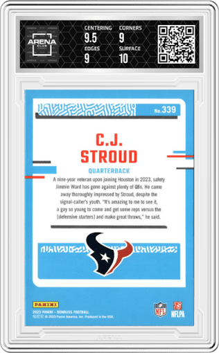 C.J. Stroud from the 2023 Panini Donruss set graded by Arena Club and given an overall grade of 9.5.