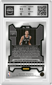 Victor Wembanyama from the 2023-24 Panini Prizm set featuring a Red Ice parallel graded by Arena Club and given an overall grade of 10.