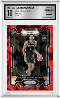 Victor Wembanyama from the 2023-24 Panini Prizm set featuring a Red Ice parallel graded by Arena Club and given an overall grade of 10.