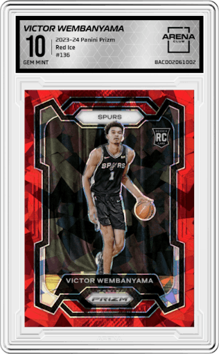 Victor Wembanyama from the 2023-24 Panini Prizm set featuring a Red Ice parallel graded by Arena Club and given an overall grade of 10.