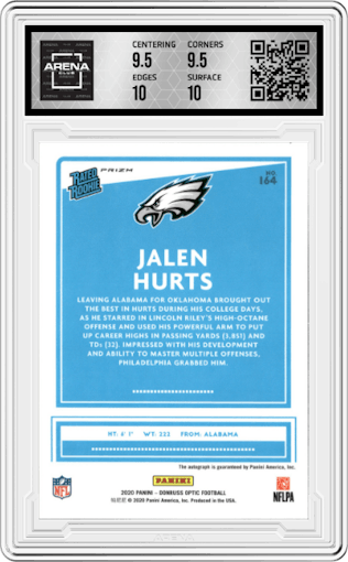 Jalen Hurts from the 2020 Panini Donruss Optic set featuring a Bronze parallel graded by Arena Club and given an overall grade of 10.