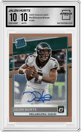Jalen Hurts from the 2020 Panini Donruss Optic set featuring a Bronze parallel graded by Arena Club and given an overall grade of 10.