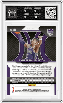 Tyrese Haliburton from the 2020-21 Panini Prizm set featuring a Silver Prizm parallel graded by Arena Club and given an overall grade of 9.5.