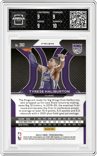 Tyrese Haliburton from the 2020-21 Panini Prizm set featuring a Silver Prizm parallel graded by Arena Club and given an overall grade of 9.5.