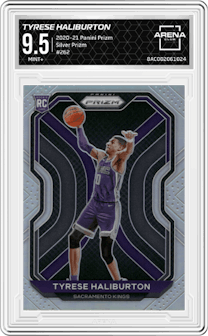Tyrese Haliburton from the 2020-21 Panini Prizm set featuring a Silver Prizm parallel graded by Arena Club and given an overall grade of 9.5.
