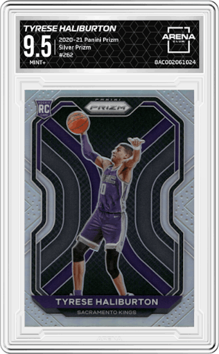 Tyrese Haliburton from the 2020-21 Panini Prizm set featuring a Silver Prizm parallel graded by Arena Club and given an overall grade of 9.5.