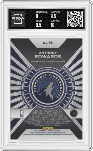 Anthony Edwards from the 2023-24 Panini Prizm set graded by Arena Club and given an overall grade of 8.5.