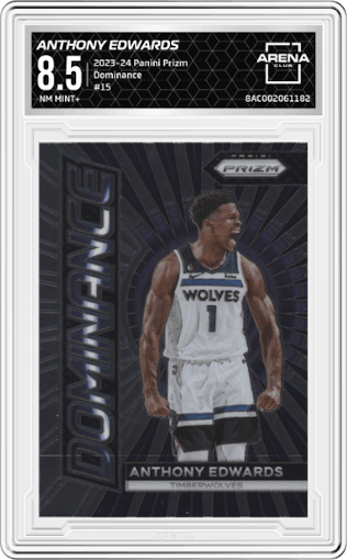 Anthony Edwards from the 2023-24 Panini Prizm set graded by Arena Club and given an overall grade of 8.5.