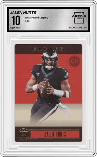 Jalen Hurts from the 2023 Panini Legacy set graded by Arena Club and given an overall grade of 10.