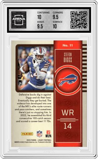 Stefon Diggs from the 2023 Panini Legacy set graded by Arena Club and given an overall grade of 10.