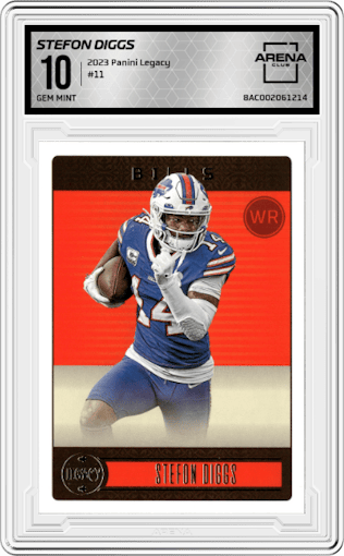Stefon Diggs from the 2023 Panini Legacy set graded by Arena Club and given an overall grade of 10.