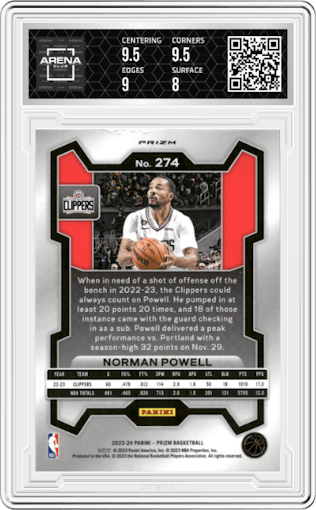 Norman Powell from the 2023-24 Panini Prizm set featuring a Pink Ice Prizm parallel graded by Arena Club and given an overall grade of 8.5.