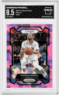 Norman Powell from the 2023-24 Panini Prizm set featuring a Pink Ice Prizm parallel graded by Arena Club and given an overall grade of 8.5.
