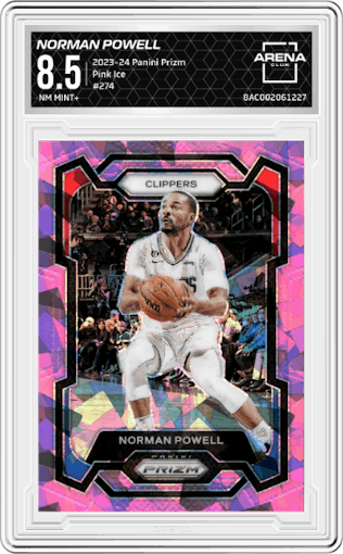 Norman Powell from the 2023-24 Panini Prizm set featuring a Pink Ice Prizm parallel graded by Arena Club and given an overall grade of 8.5.