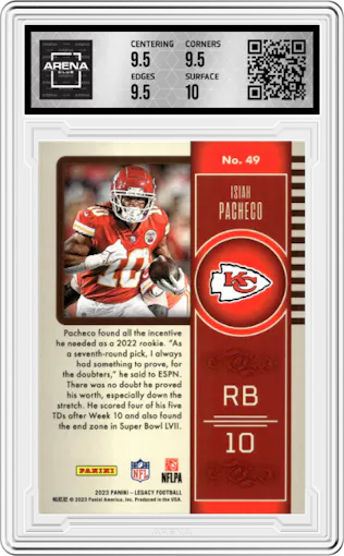 Isiah Pacheco from the 2023 Panini Legacy set graded by Arena Club and given an overall grade of 10.