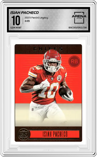 Isiah Pacheco from the 2023 Panini Legacy set graded by Arena Club and given an overall grade of 10.