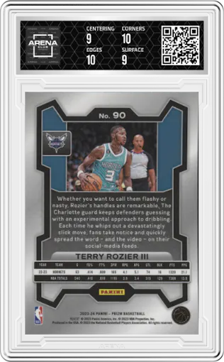 Terry Rozier III from the 2023-24 Panini Prizm set graded by Arena Club and given an overall grade of 9.5.