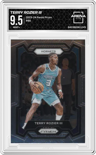 Terry Rozier III from the 2023-24 Panini Prizm set graded by Arena Club and given an overall grade of 9.5.