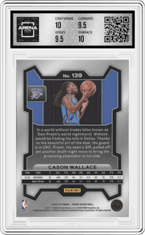 Cason Wallace from the 2023-24 Panini Prizm set graded by Arena Club and given an overall grade of 10.