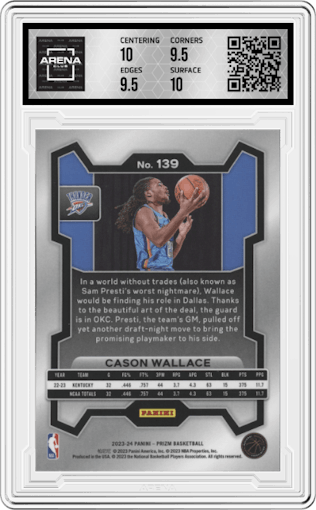 Cason Wallace from the 2023-24 Panini Prizm set graded by Arena Club and given an overall grade of 10.