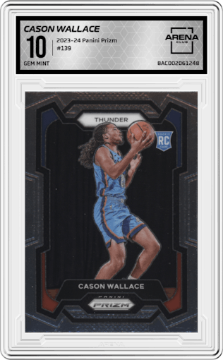 Cason Wallace from the 2023-24 Panini Prizm set graded by Arena Club and given an overall grade of 10.