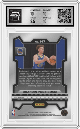 Brandin Podziemski from the 2023-24 Panini Prizm set graded by Arena Club and given an overall grade of 10.