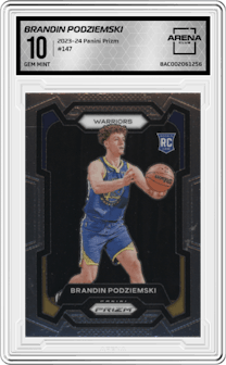 Brandin Podziemski from the 2023-24 Panini Prizm set graded by Arena Club and given an overall grade of 10.
