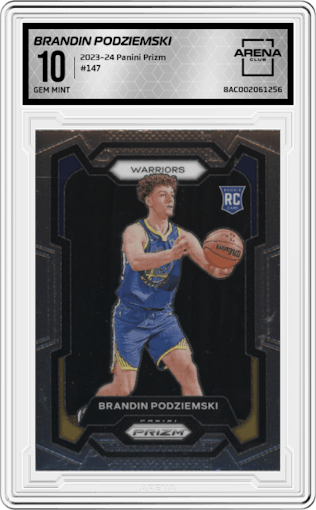 Brandin Podziemski from the 2023-24 Panini Prizm set graded by Arena Club and given an overall grade of 10.