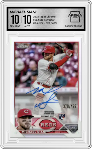 Michael Siani from the 2023 Topps Chrome set featuring a Refractor parallel graded by Arena Club and given an overall grade of 10.