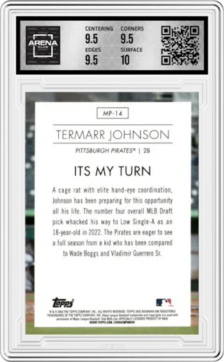 Termarr Johnson from the 2023 Bowman  set graded by Arena Club and given an overall grade of 10.