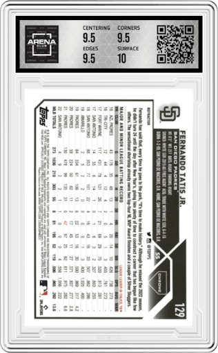 Fernando Tatis Jr. from the 2023 Topps Chrome set featuring a Refractor parallel graded by Arena Club and given an overall grade of 10.