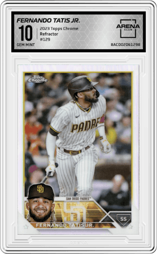 Fernando Tatis Jr. from the 2023 Topps Chrome set featuring a Refractor parallel graded by Arena Club and given an overall grade of 10.
