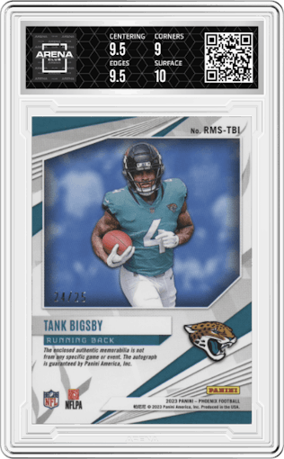 Tank Bigsby from the 2023 Panini Phoenix set featuring a Helmet parallel graded by Arena Club and given an overall grade of 9.5.