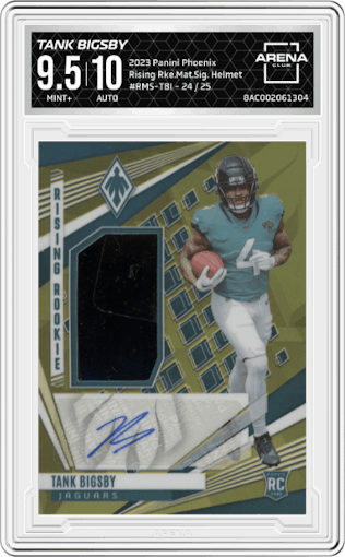 Tank Bigsby from the 2023 Panini Phoenix set featuring a Helmet parallel graded by Arena Club and given an overall grade of 9.5.