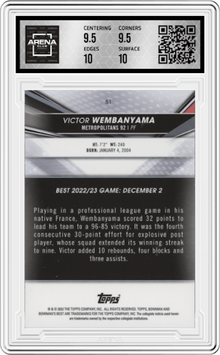 Victor Wembanyama from the 2022-23 Bowman University Best set graded by Arena Club and given an overall grade of 10.