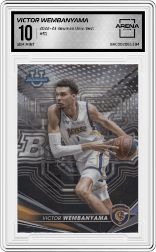 Victor Wembanyama from the 2022-23 Bowman University Best set graded by Arena Club and given an overall grade of 10.