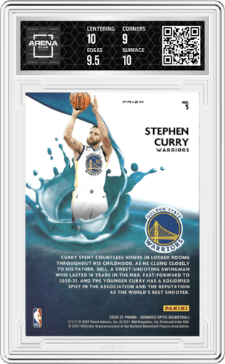 Stephen Curry from the 2020-21 Panini Donruss Optic set featuring a Holo parallel graded by Arena Club and given an overall grade of 9.5.