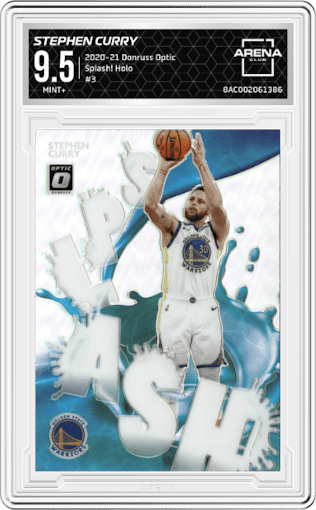 Stephen Curry from the 2020-21 Panini Donruss Optic set featuring a Holo parallel graded by Arena Club and given an overall grade of 9.5.
