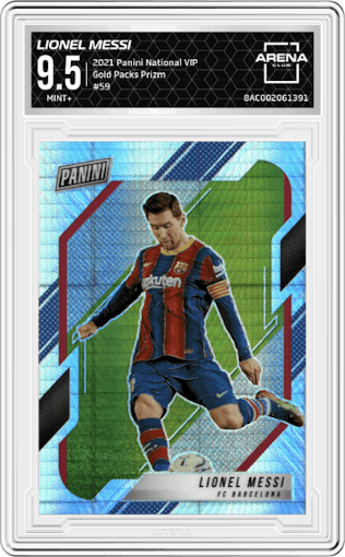 Lionel Messi from the 2021 Panini The National VIP set featuring a Prizm parallel graded by Arena Club and given an overall grade of 9.5.