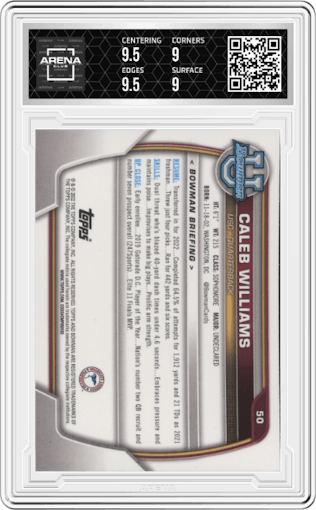 Caleb Williams from the 2022 Bowman University Chrome set graded by Arena Club and given an overall grade of 9.5.