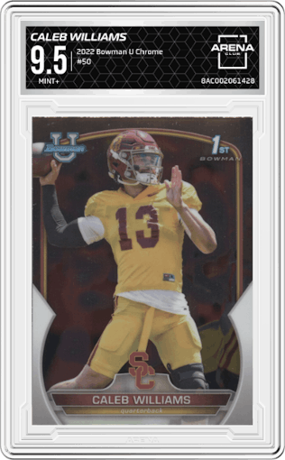 Caleb Williams from the 2022 Bowman University Chrome set graded by Arena Club and given an overall grade of 9.5.