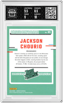 Jackson Chourio from the 2023 Panini Donruss set graded by Arena Club and given an overall grade of 9.